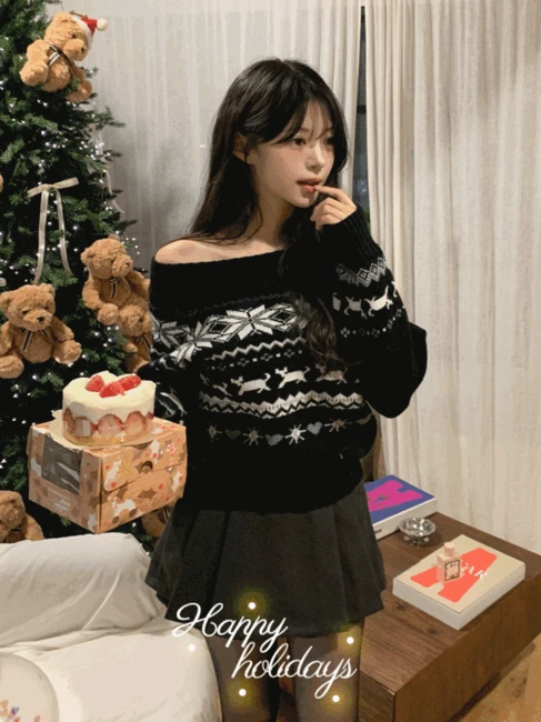 스노우 노르딕 오프숄더 니트