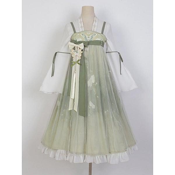 [$57.25]White Top + Light Green Han Slip Dress Set