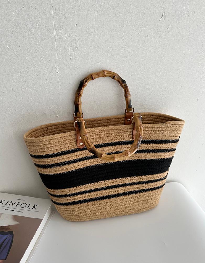 우드핸들 탄탄 니트 스퀘어 빅사이즈 라탄 버킷토트백