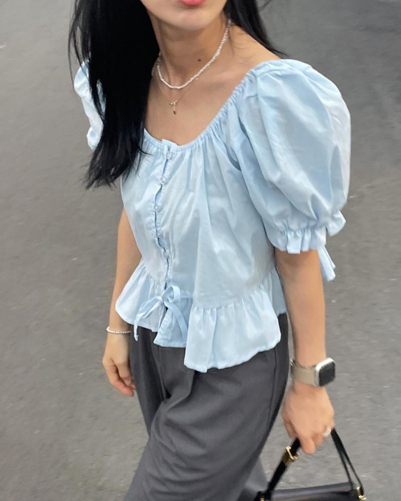 뉴피 여성 여름 비치 오프숄더 프릴 반팔 크롭 셔링 소매 퍼프 리본 화이트 소라 블라우스