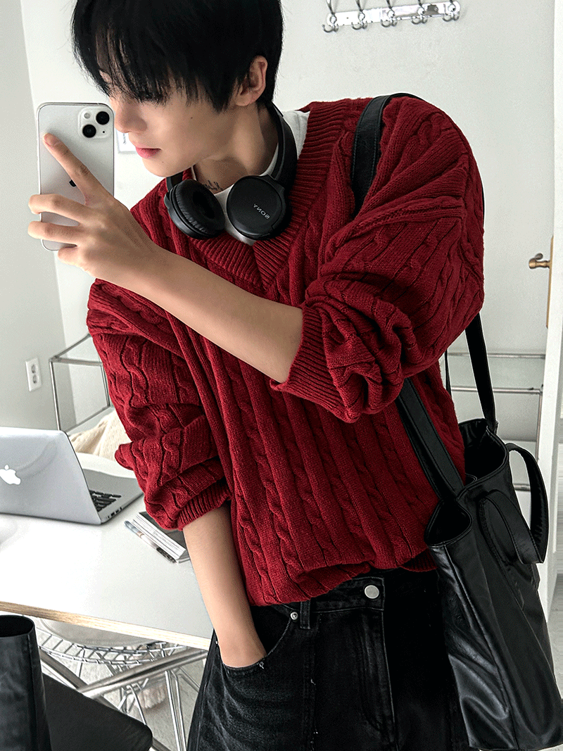 [색감BEST] 클리프 꽈배기 브이넥 니트