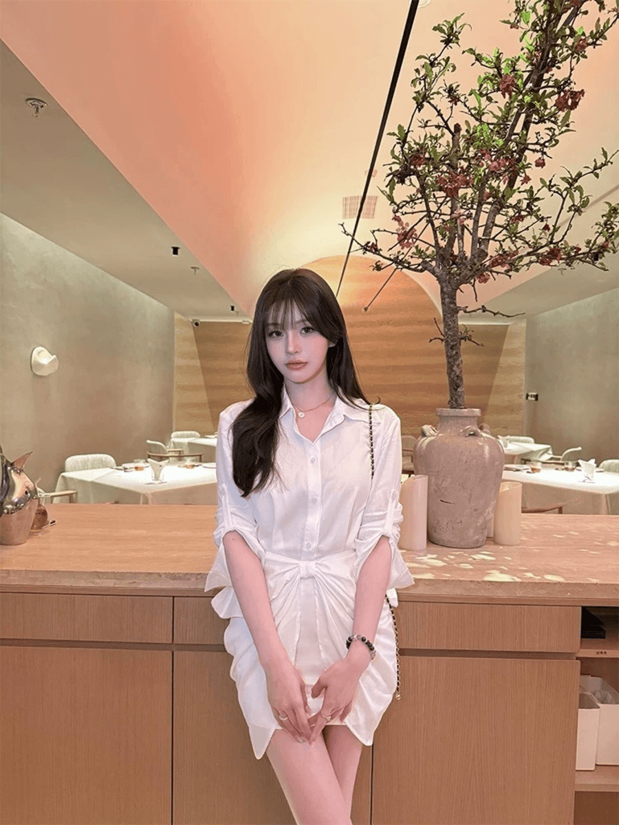 페이퍼 피규어 디자인 페이크 화이트 셔츠 원피스