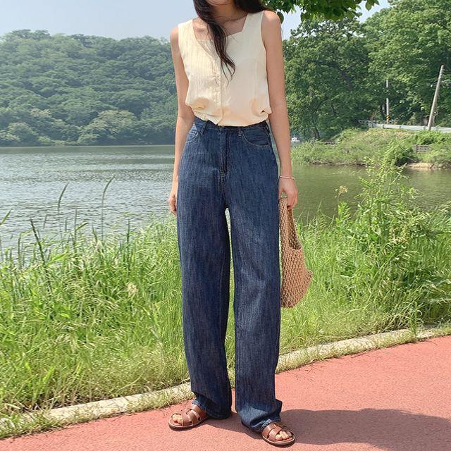*당일발송[깜짝할인!S~2XL/기장선택] 여름 하이웨스트 세미 와이드핏 난스판 생지 데님 팬츠 청바지/샌즈썸머와이드데님