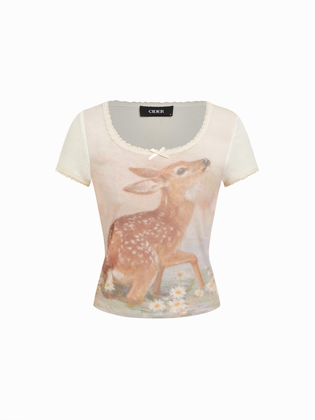 Deer Graphic Scoop Neck Bowknot Lace Trim Tee