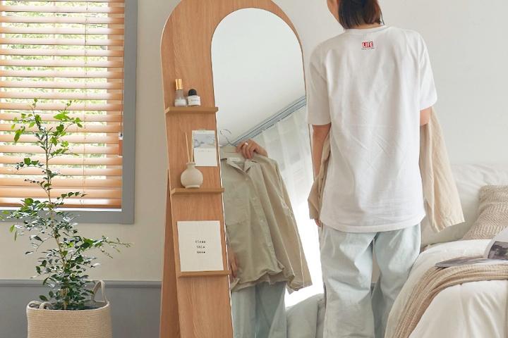 루나 라운드 수납 선반 매거진랙 아치형 스탠드 전신거울 2colors