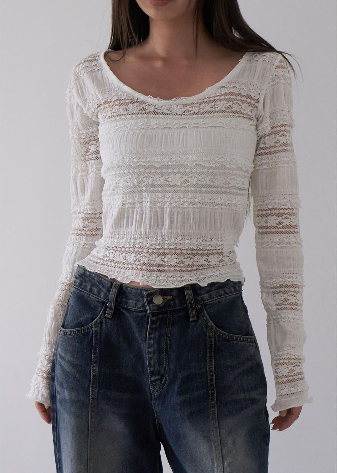 Lace U-neck Slim Layered Tee (2c)