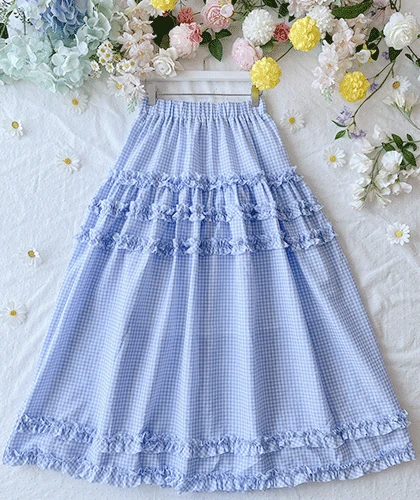 블로 프릴 블루체크 롱 스커트