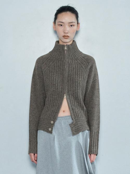 HEM BUTTON KNIT ZIP UP / BROWN