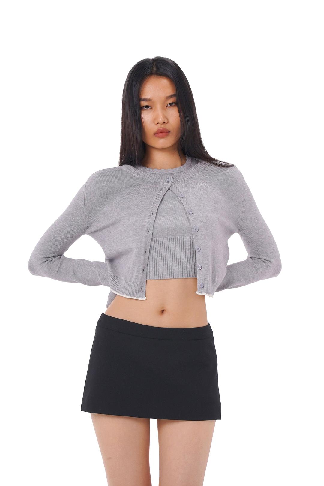 MINI CROP KNIT CARDIGAN & TANK SET - Gray / XS / CARDIGAN