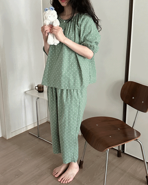 헤닝 도트 면 반팔 긴바지 파자마 set - 루즈핏