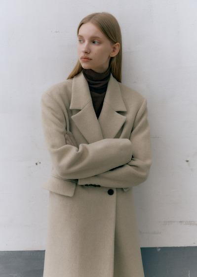 BASIC COLLAR LONG DOUBLE COAT (beige herringbone)
