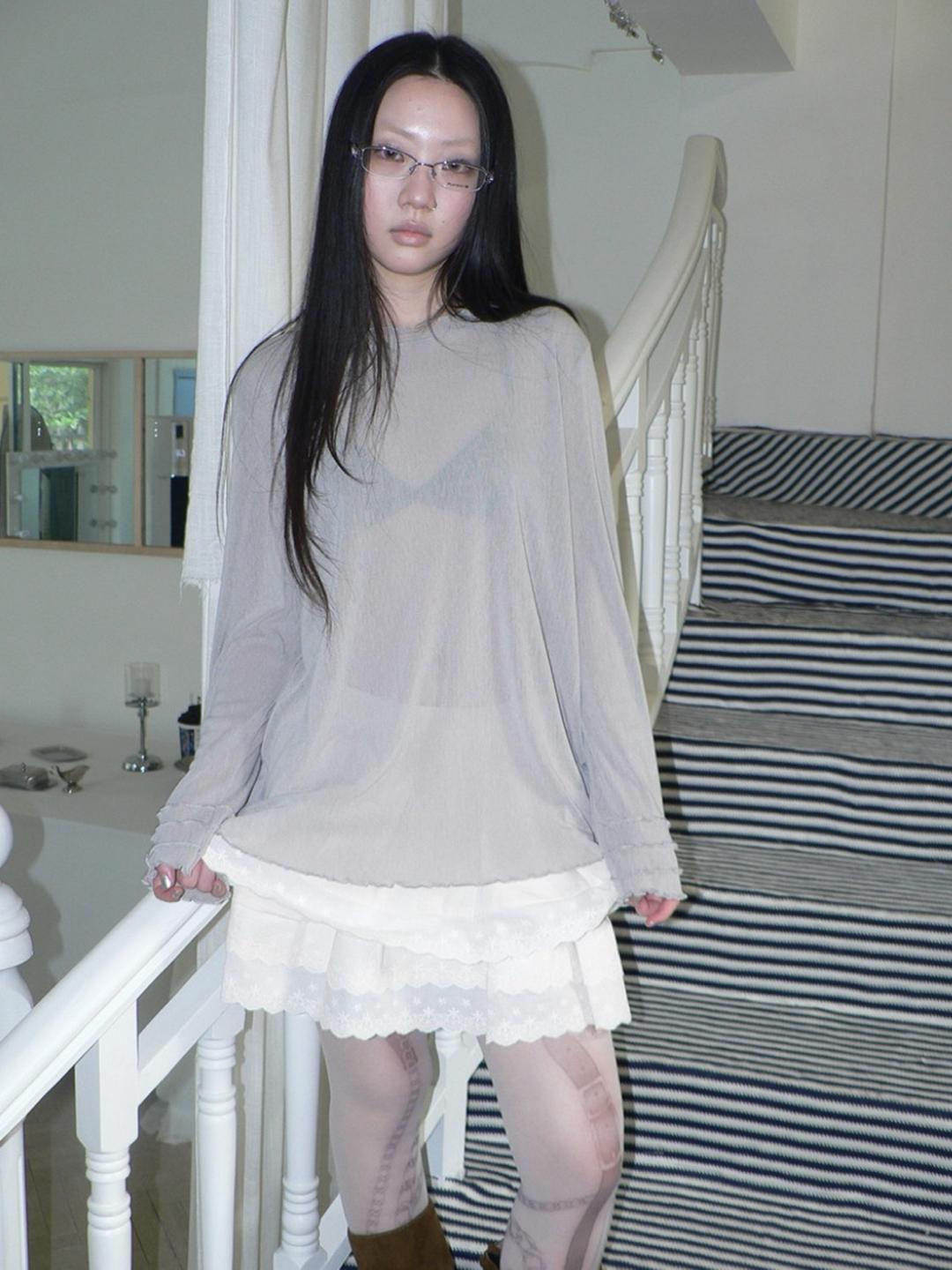 ang:project Layered Mesh Ruffle Trim Long Sleeve