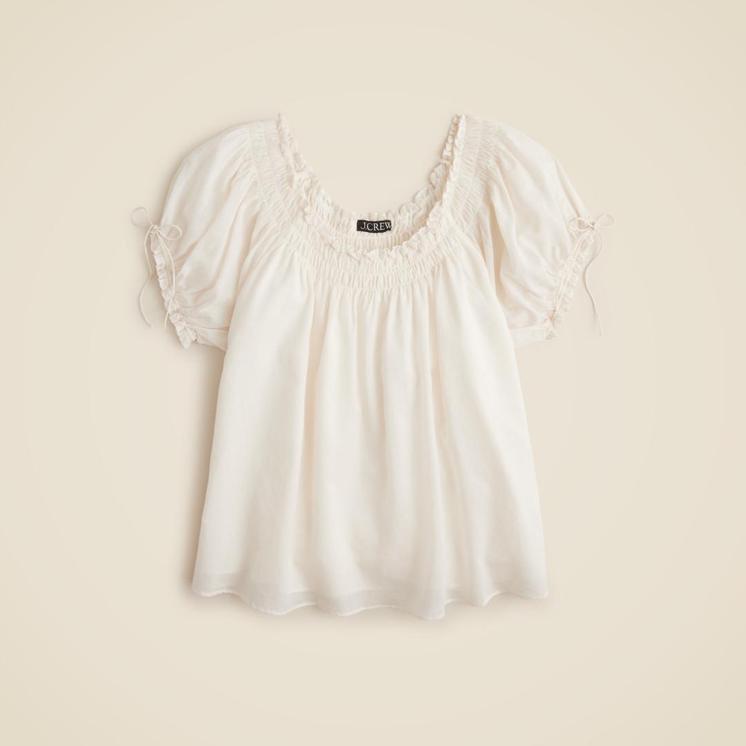 Smocked ruffle-trim top in cotton voile