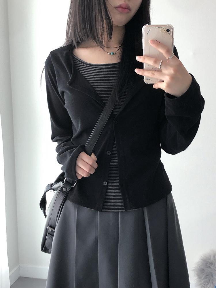 키비논 [일체형] 렌 스트라이프 티 레이어드 버튼 가디건 (2color)