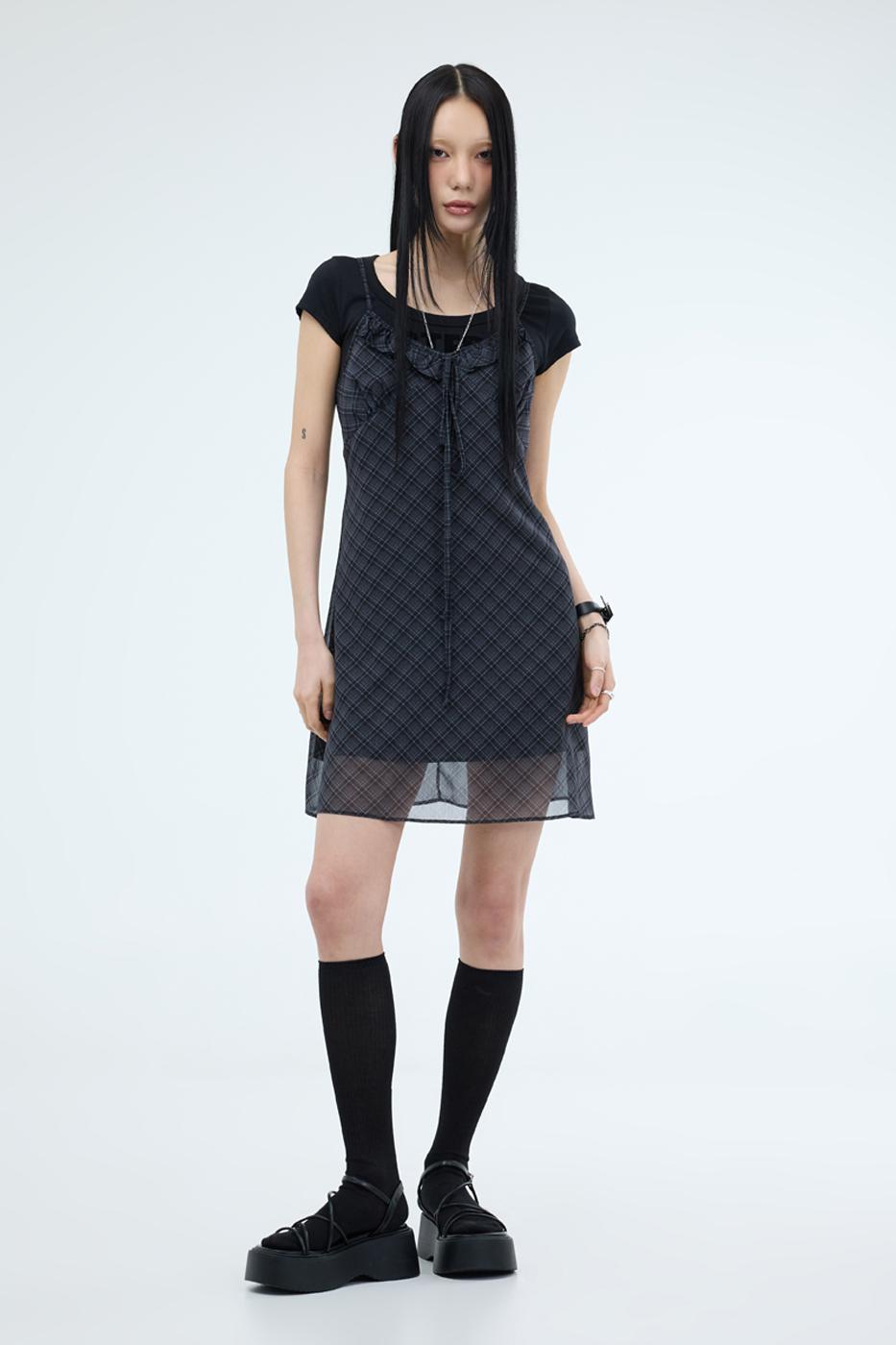 포르테나 PRTN)체크 프릴 뷔스티에 쇼트 드레스(당일배송)