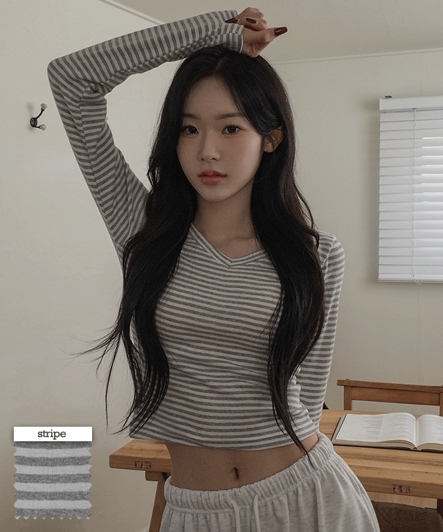 모어핏 [말라핏] 에키즈 스트라이프 브이넥 슬림핏 크롭 긴팔 티셔츠 3colors