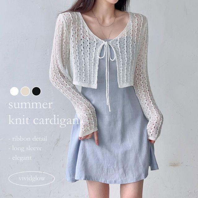 [여름까지 쭉~] 볼레로 여름 니트 시스루 세부 리본 끈 가디건_비비드글로우