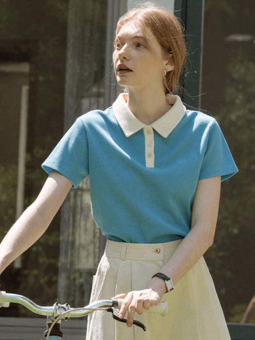 Till waffle collar T-shirt(Blue)