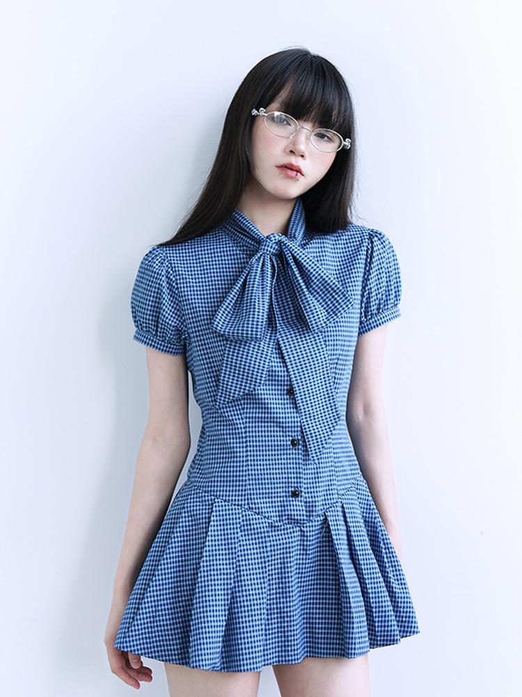 Nodoll Intellectual Retro Blue Plaid Dress