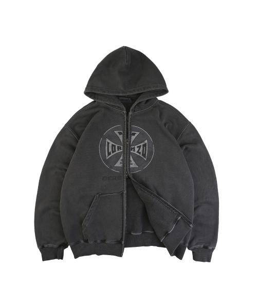 데미지 로고 후드 집업-피그먼트 블랙