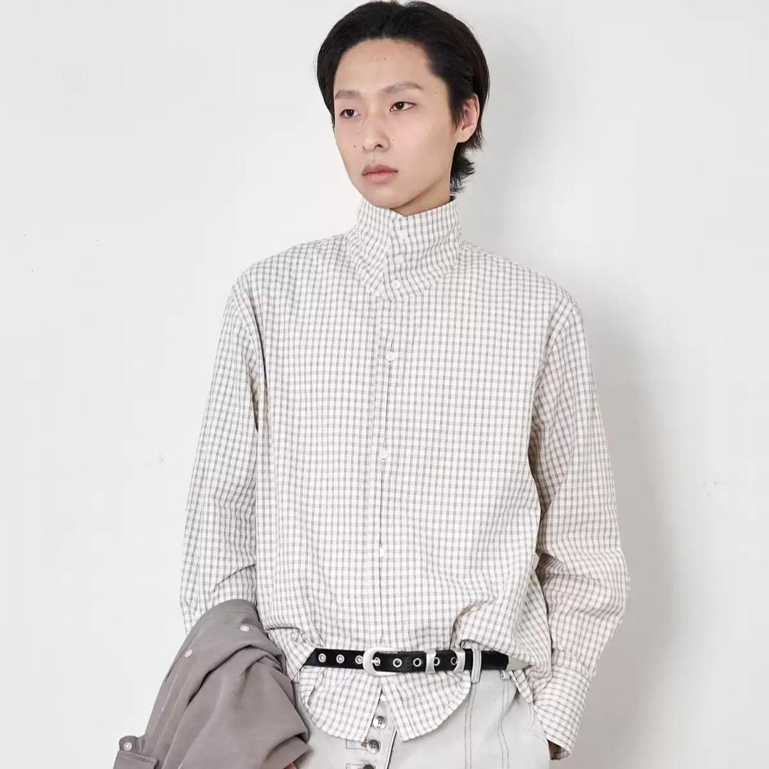 Slight Vogue 하이넥 체크 셔츠 텐셀 플랩 칼라 히든버튼 셔츠 재킷
