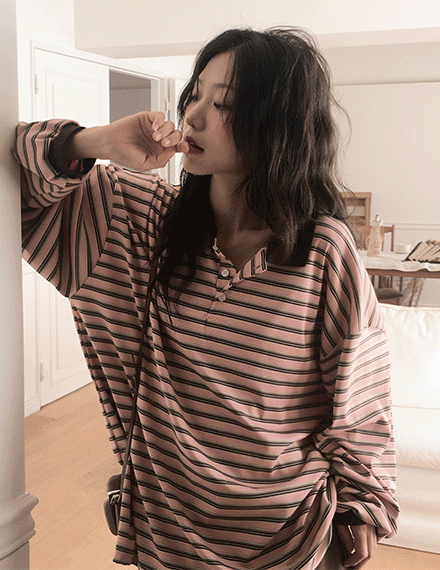빈블 [오버핏/럭비티] 톨링드 스트라이프 카라 긴팔 피케티셔츠