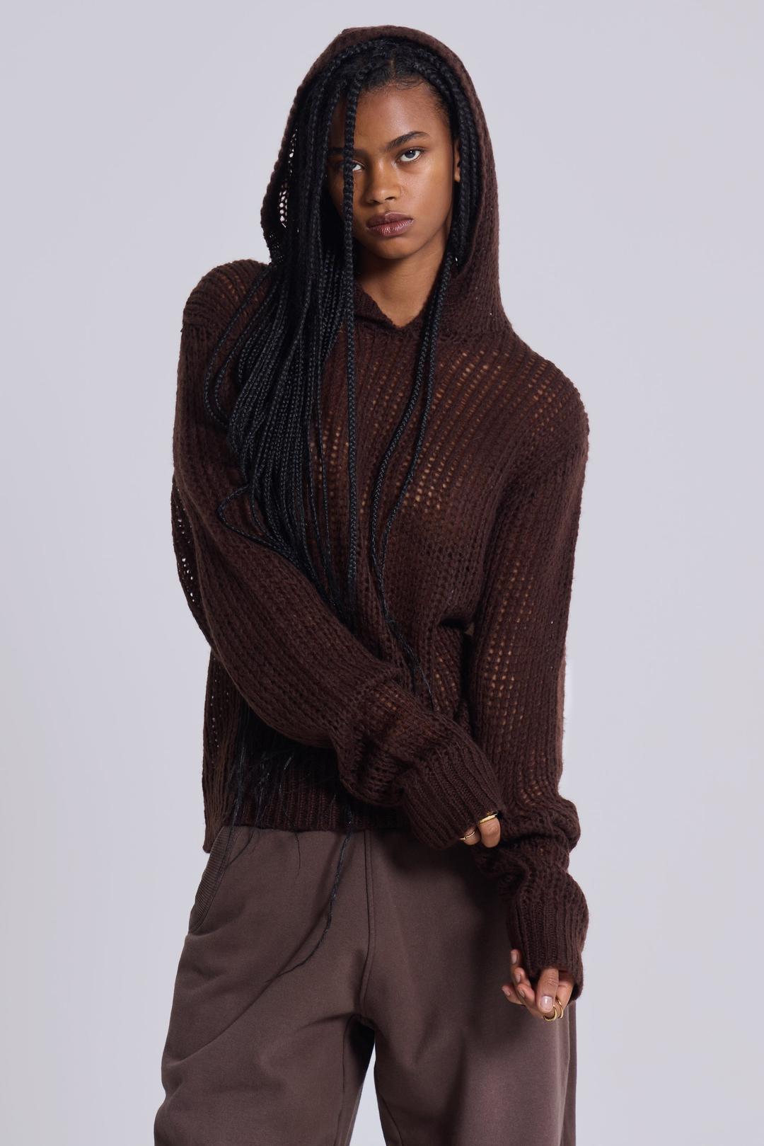 Open Gauge Knit Hoodie - XXS / Brown