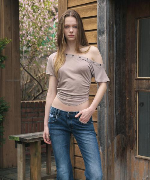 Harry Button Unbal Shirring Short Top (Taupe)