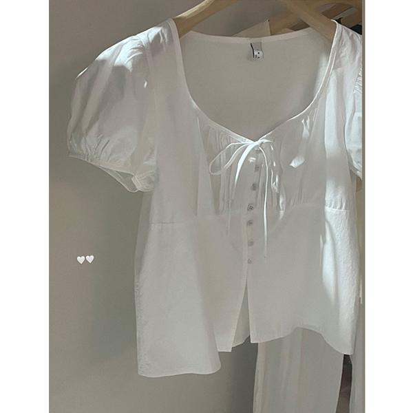 이너프 베니스 블라우스 inouf 반팔 리본 셔링 3col