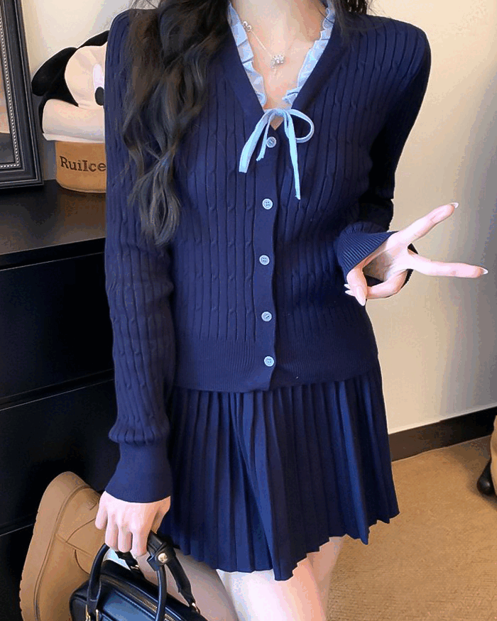 세로 스트라이프 니트 플리츠 스커트 세트