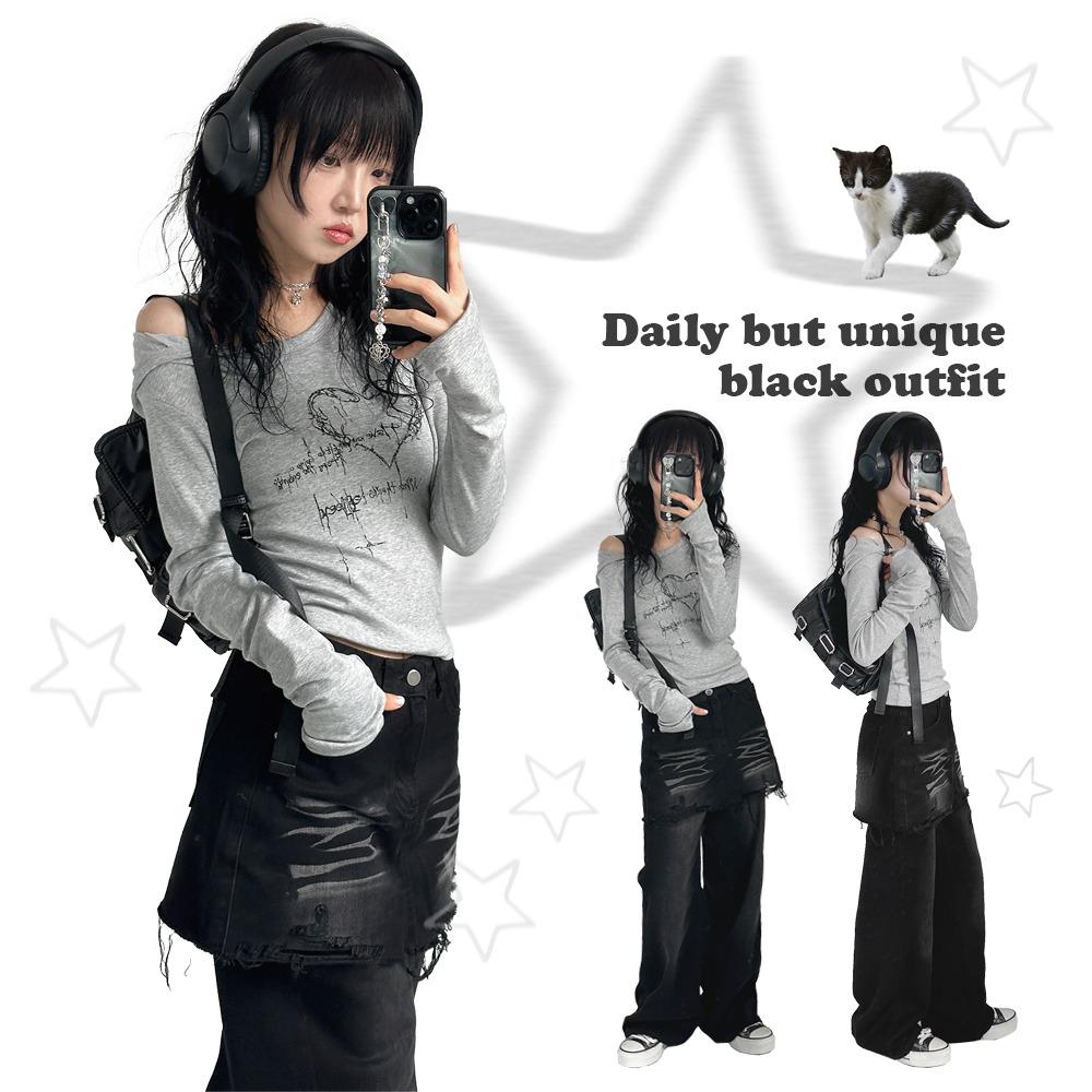 히키모드 너드 스케치 하트 하프 오프숄더 스판 유넥 미니 후드 워머티셔츠