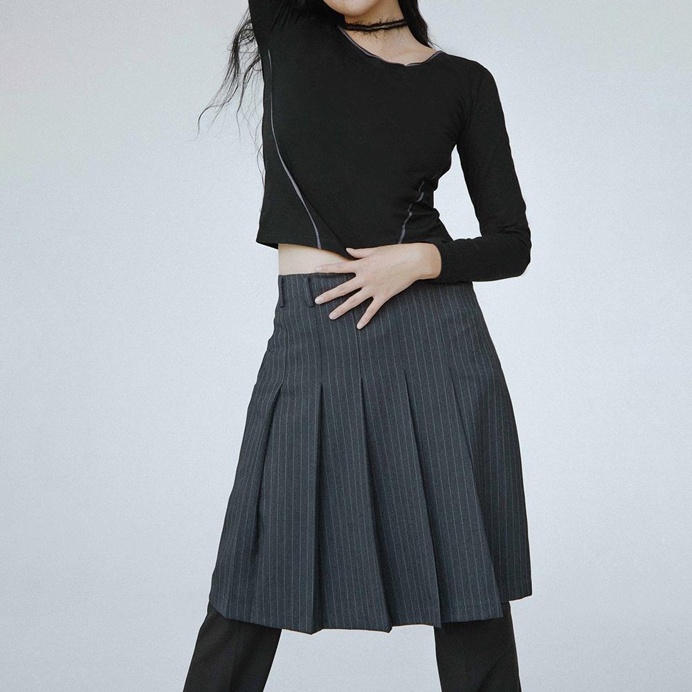 STRIPE PLEATED SKIRT DARK GREY
