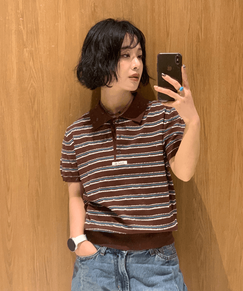 스트라이프 카라 하프 니트 [BROWN] / GF2LKP525