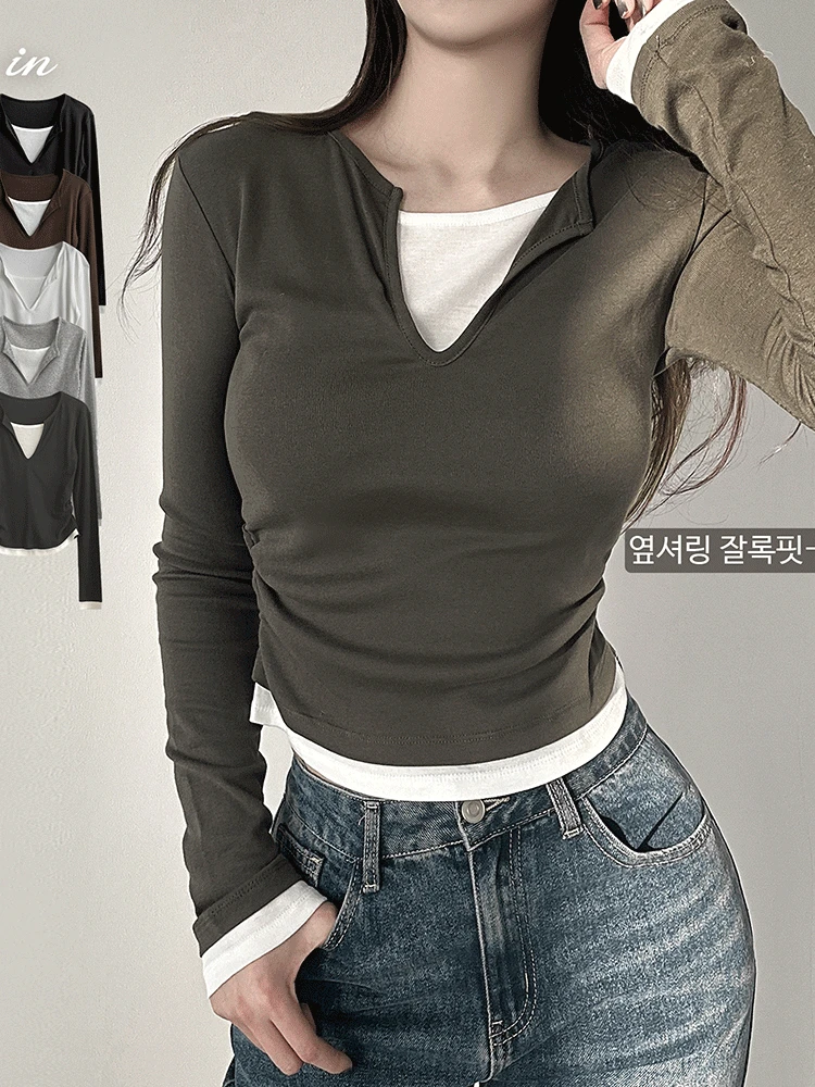 당일출고🚀[일체형/잘록핏ෆ] 슬릿 V넥 옆셔링 롱슬리브 레이어드 티셔츠 5color