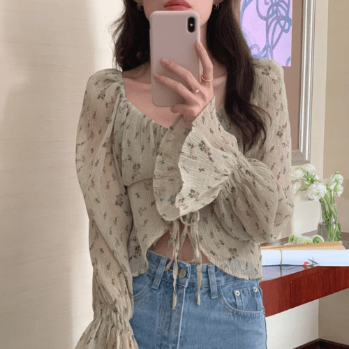 봄신상 플라워 분위기 여신 블라우스 크롭 키작녀 러블리 데이트 여친룩 초록색 리본 퍼프 튤립넥 스트랩