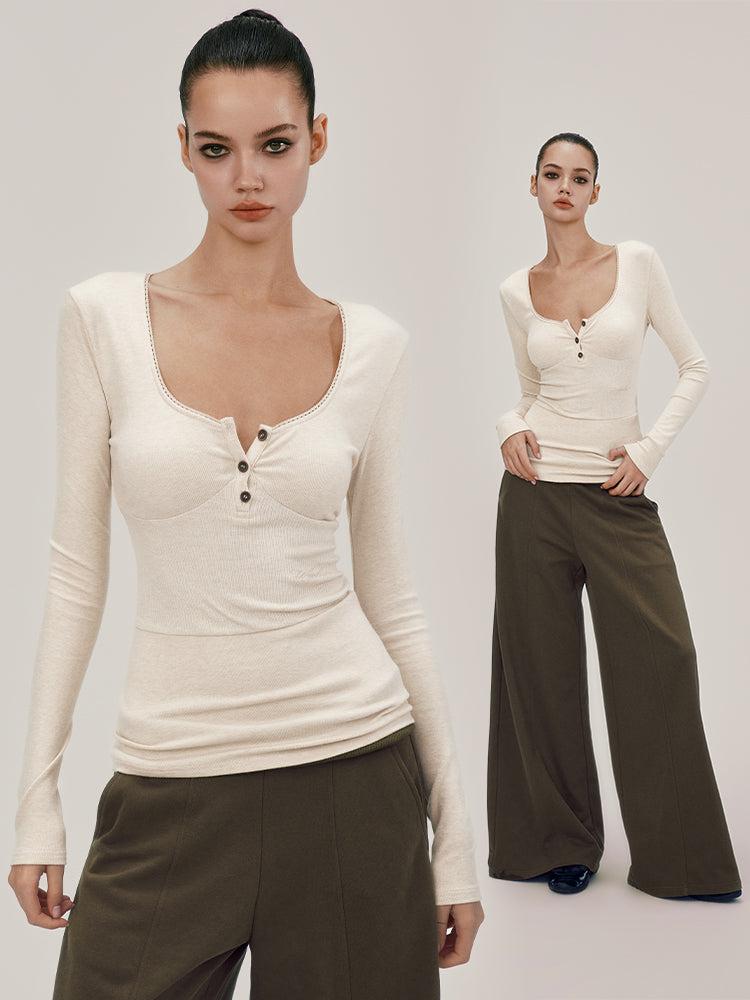 Simple U-Neck Long-Sleeve Slim Plain Cutsew