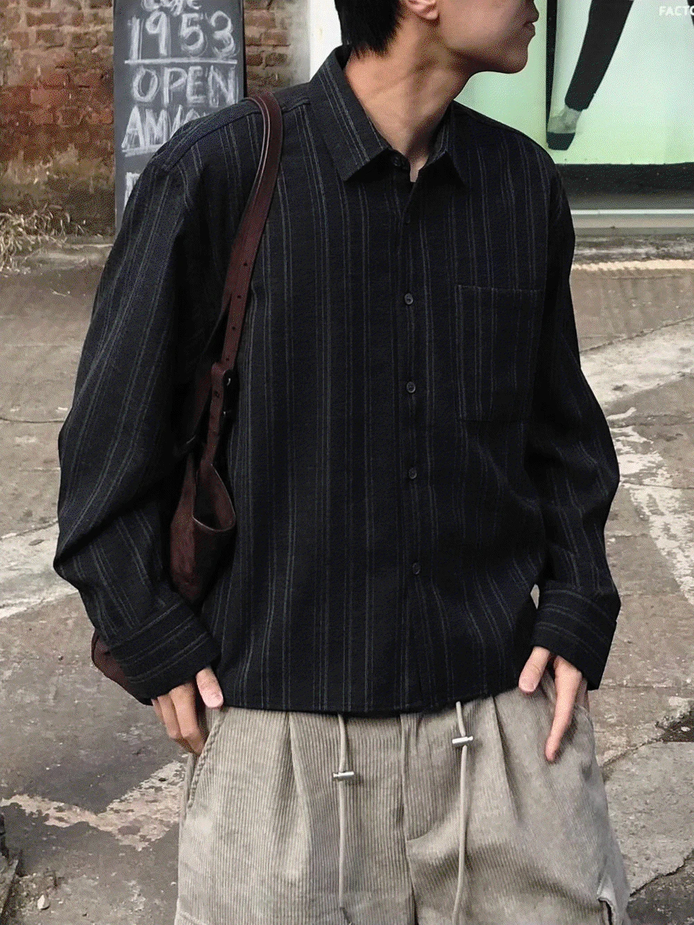 (차콜 당일출고/겨울 셔츠) 레노 스트라이프 크롭 셔츠 2C