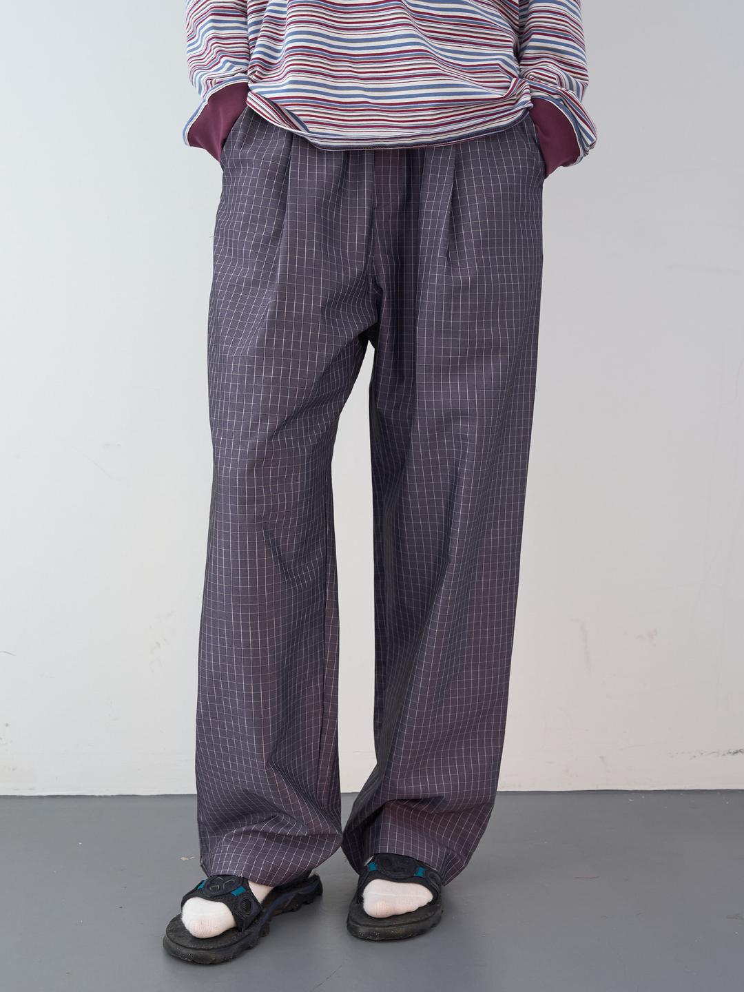 글로시 체크 와이드 밴딩 팬츠 (Purple)