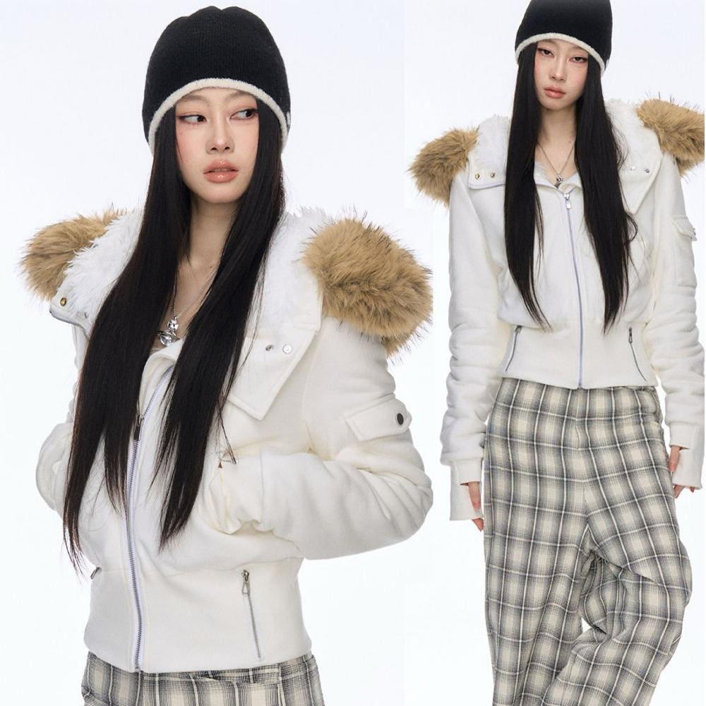 CURRIGES 퍼 후드집업 기모안감 슬림핏 코튼 크롭재킷