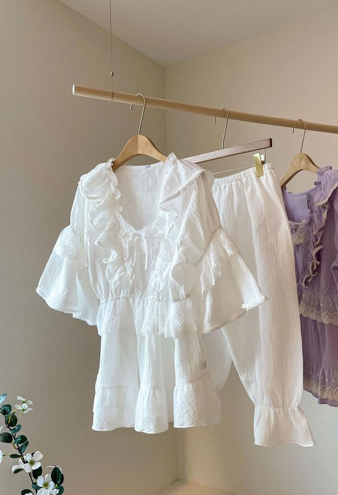 라벨르오브 무료배송 여성 잠옷 비올라 요루이중거즈 상하의 세트 파자마 아이보리