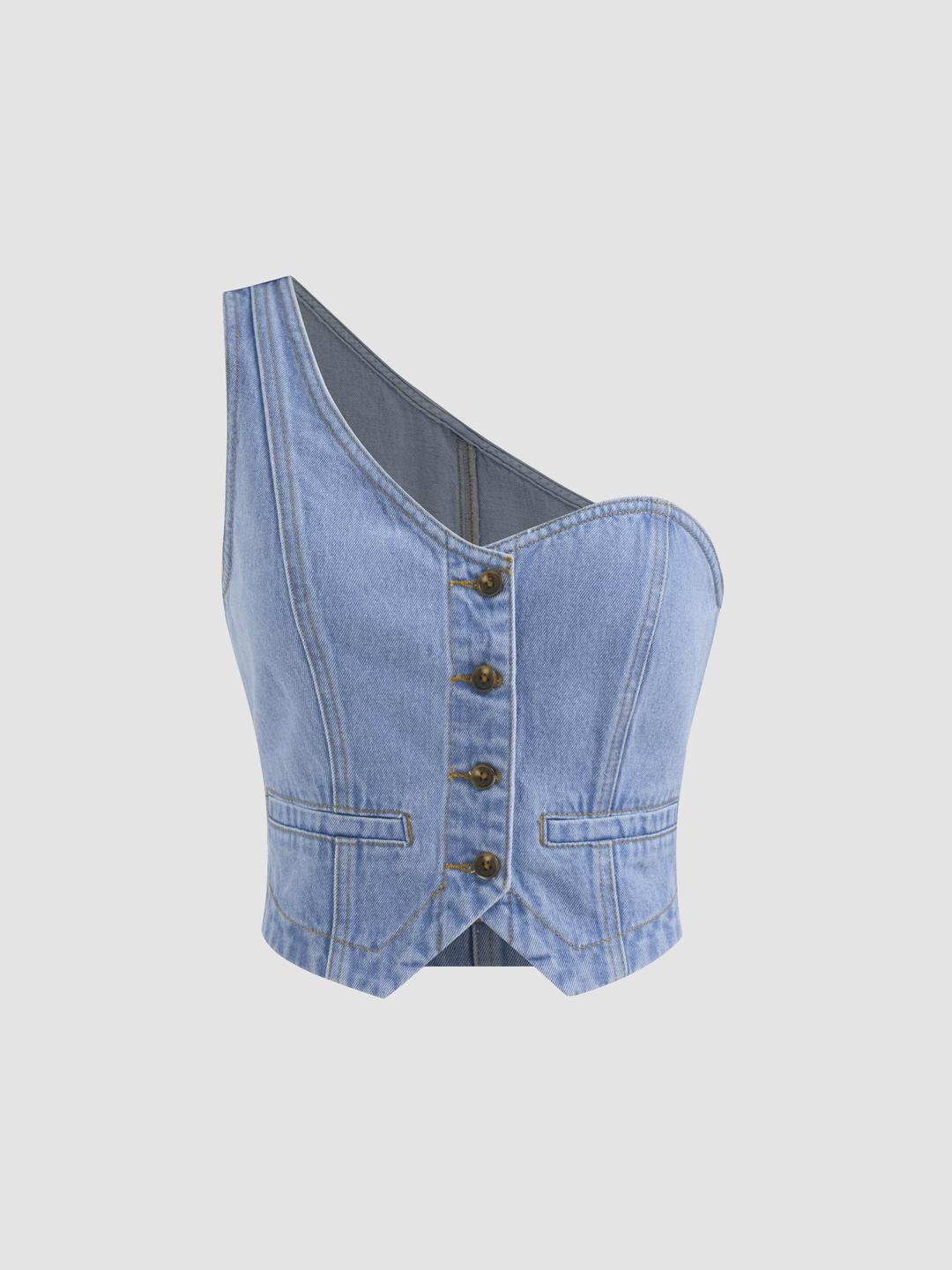 Denim Asymmetrical Neck Solid Button Crop Top