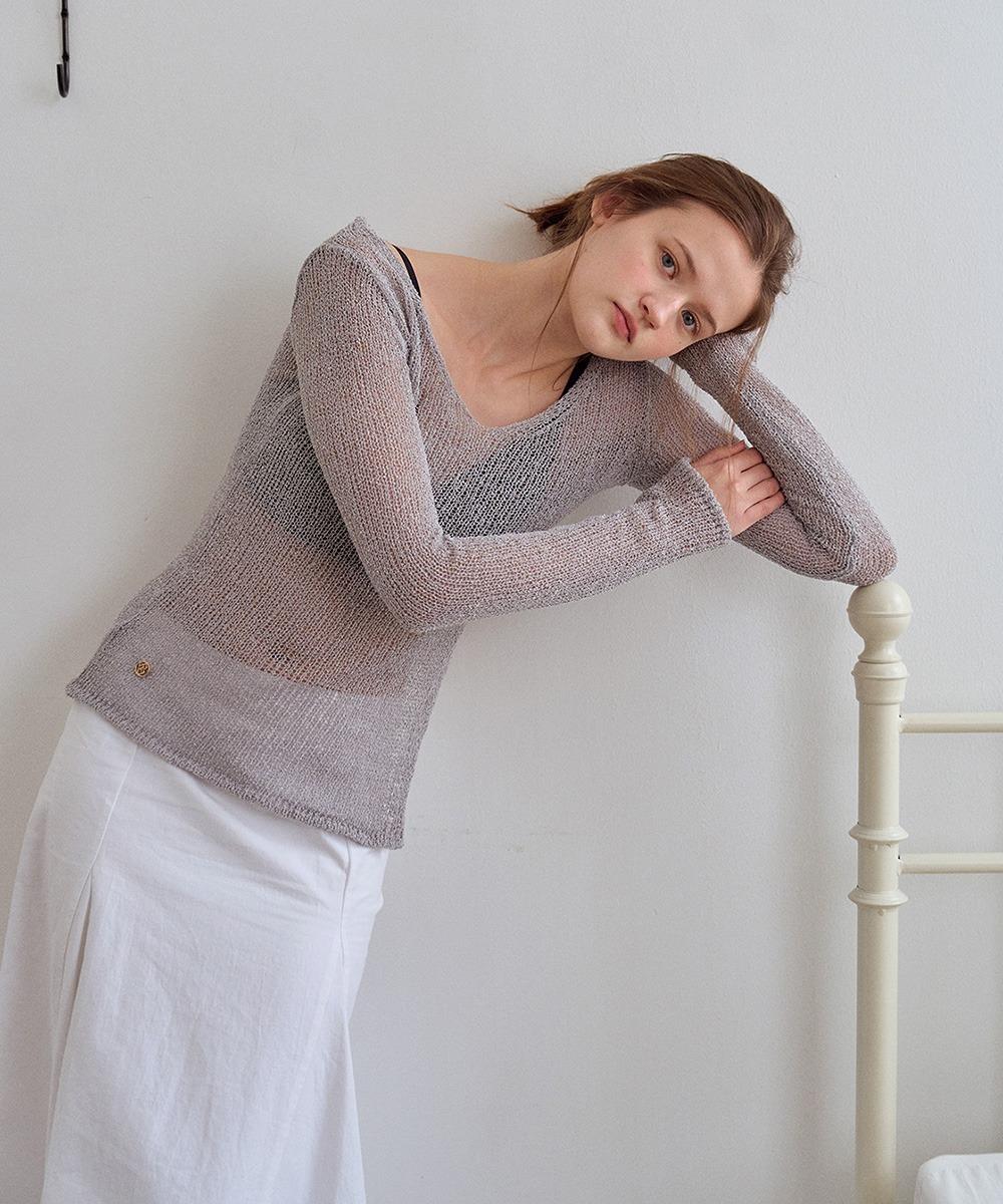 Summer slit V-neck knit (Gray)