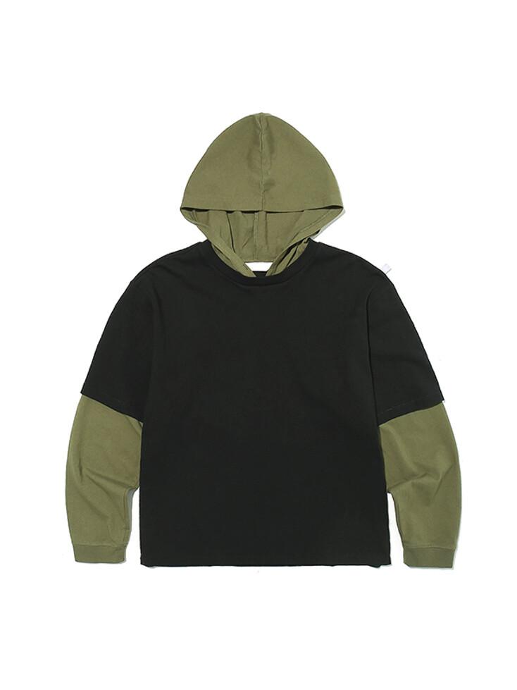 COLOR BLOCK LAYERED HOODED T-SHIRT BLACK