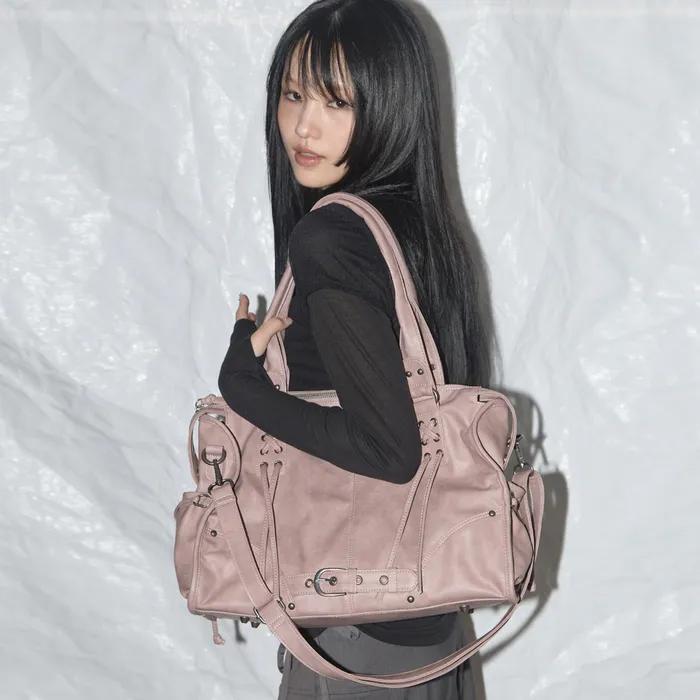 BELTED WASHING LEATHER BAG (BABY PINK) F25QE990