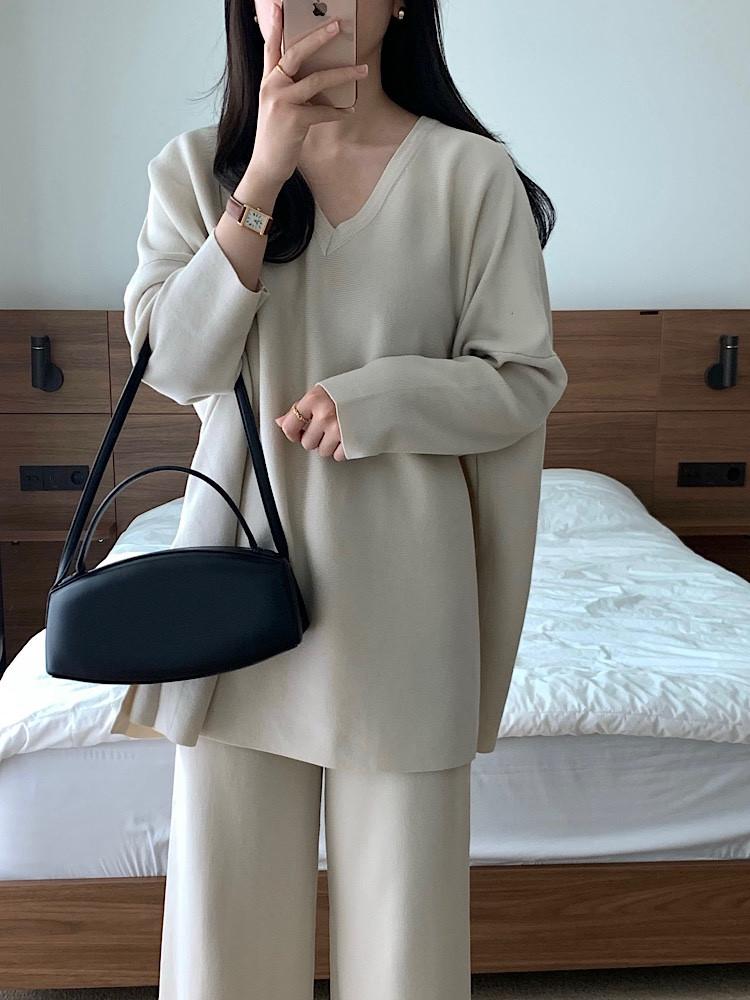 [당일배송] 겨울 루즈핏 니트팬츠세트 빅사이즈 출근룩