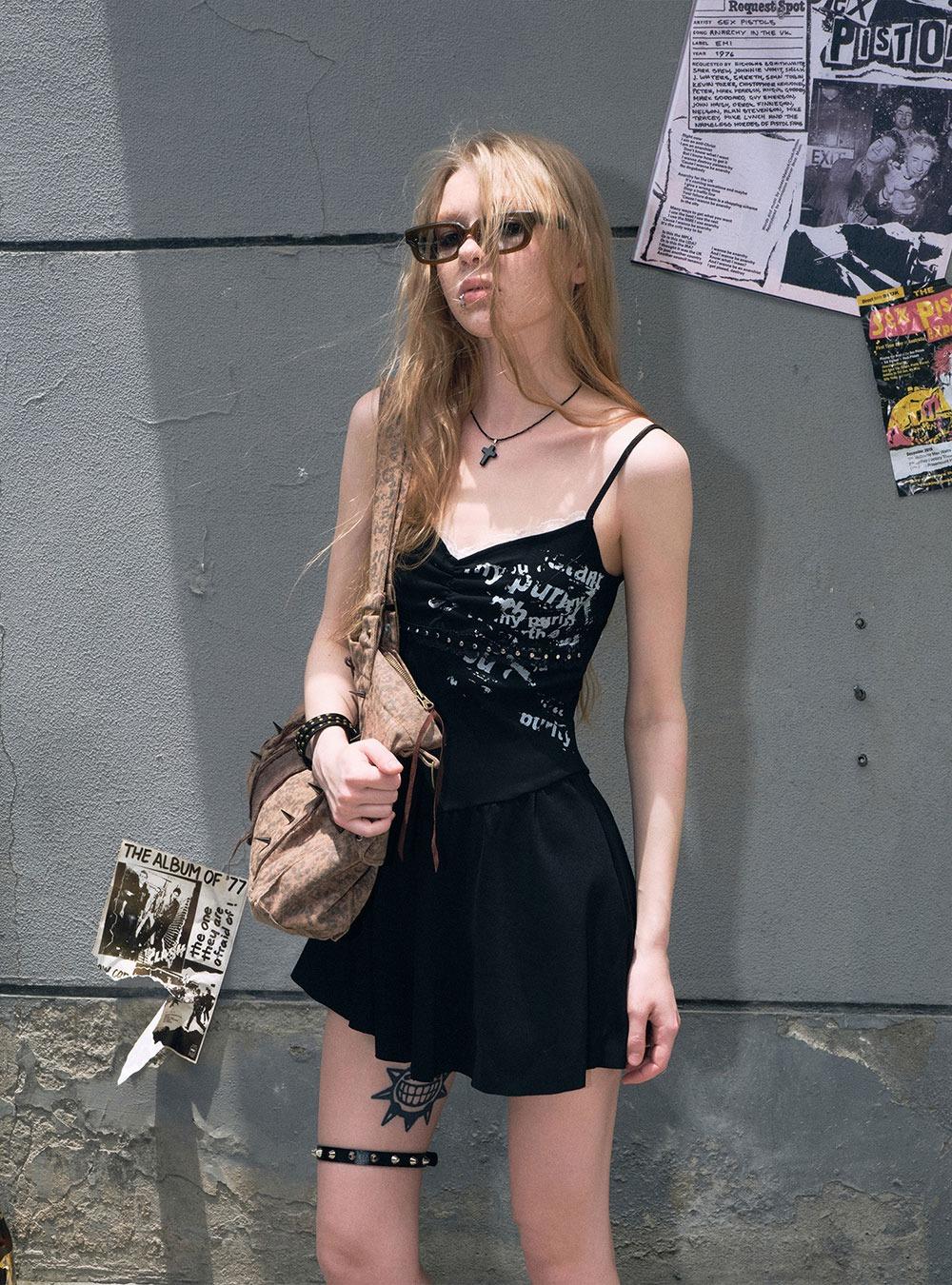 Black Punk Print Lace Rivet Dress