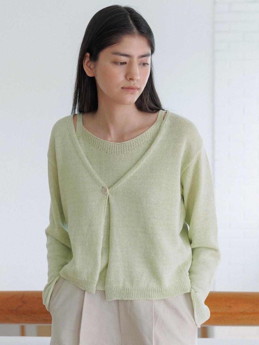 ONE BUTTON DEEP V-NECK CARDIGAN_Apple Green