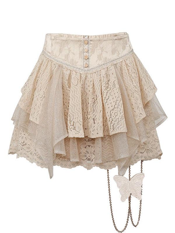 Lace Asymmetry Long Camisole Top ＆ Cake Culottes Skirt & Shawl Top - L / white culottes skirt(presale1)