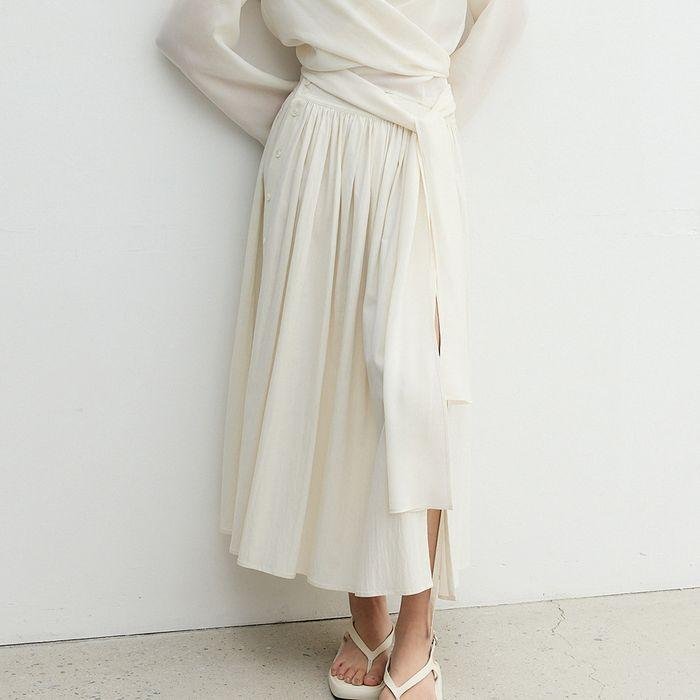 Pleats Slit Skirt_Cream