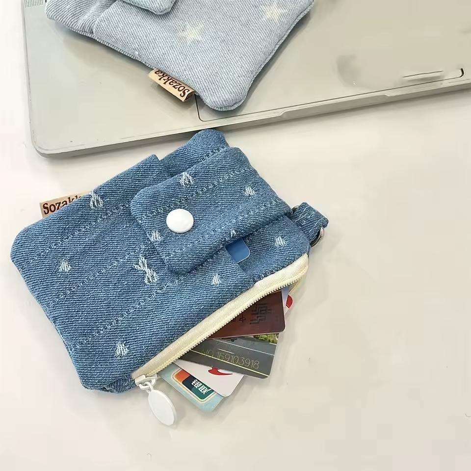 기질 캔버스 데님 동전 지갑 스타 보우 미니 현금 지갑 한국어 스타일 휴대용 천 봉투 지갑 야외